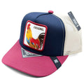 Jockey de malla azul marino y rojo con parche de gallo estilo trucker Cauroloco