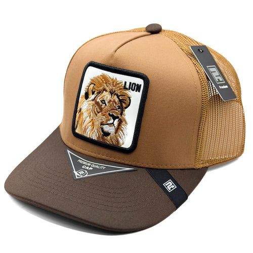 Jockey de malla café y beige con parche de león estilo trucker Cauroloco